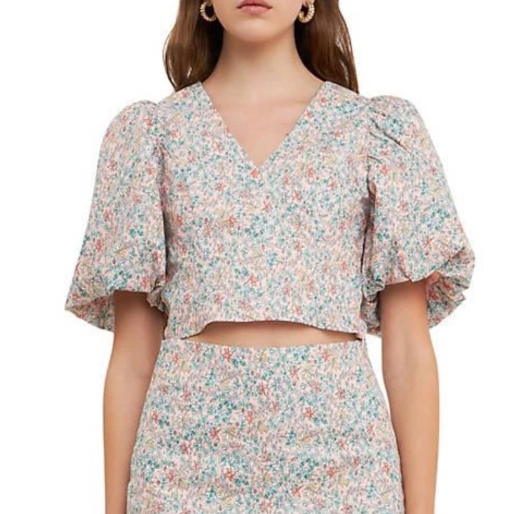 ENDLESS ROSE Floral Puff Sleeve Crop Top SIZE LARGE